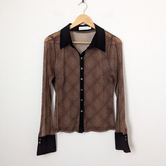 Jonathan Simkhai black brown plaid houndstooth sheer metallic button down shirt - Picture 2 of 6